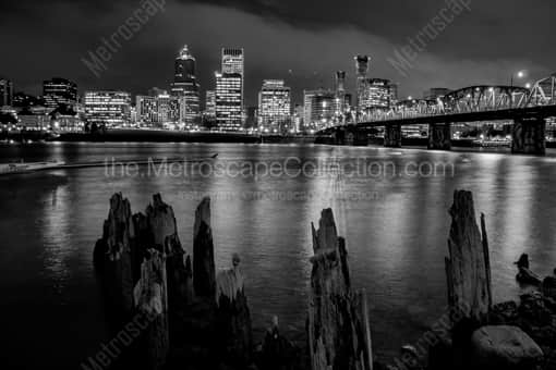 The Portland Skyline from the Muddy Banks of the Willamette River -- Portland Black and White Photos