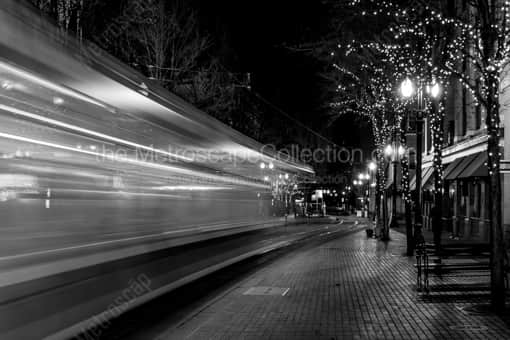 A Streetcar Streaking Down Yamhill Street -- Portland Black and White Photos