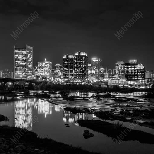 Matte Black WOOD Framed Black and White Richmond Photograph: The Richmond Skyline at Night over the James River in a Square Matte Black Wood Frame