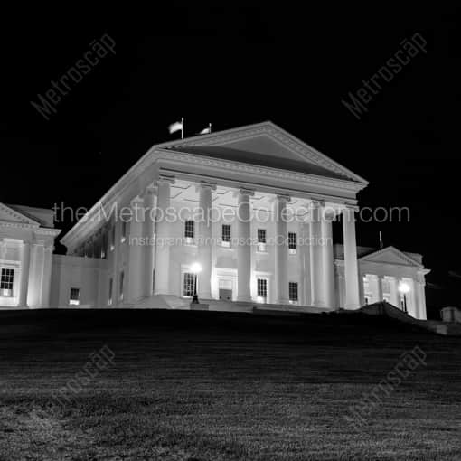 Matte Black WOOD Framed Black and White Richmond Photograph: The Virginia Statehouse at Night in a Square Matte Black Wood Frame