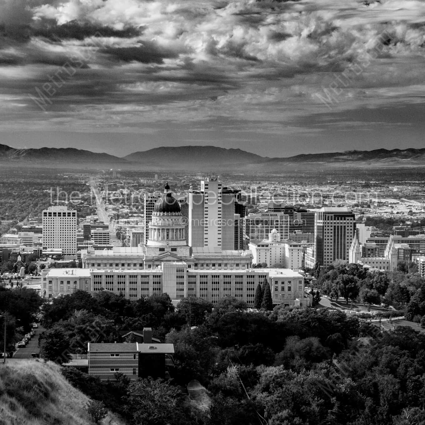 Downtown Salt Lake City from Ensign Peak landscape black and white Photography square crop