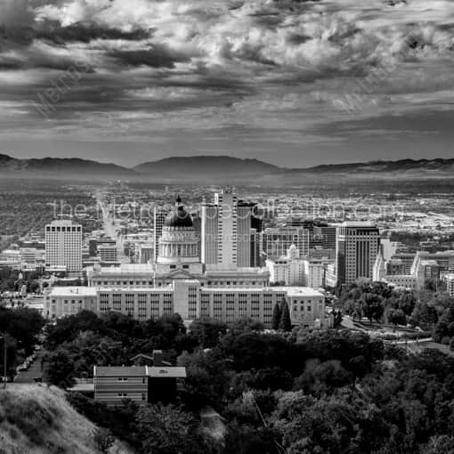 Matte Black WOOD Framed Black and White Salt Lake City Photograph: Downtown Salt Lake City from Ensign Peak in a Square Matte Black Wood Frame