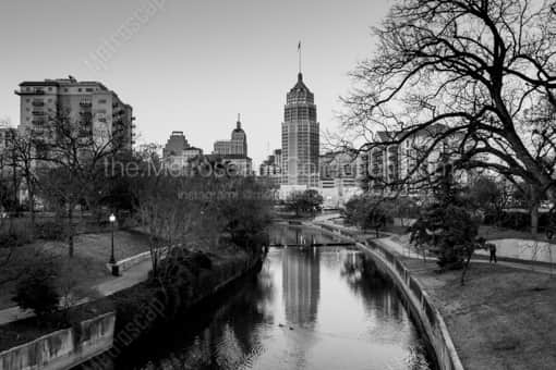 San Antonio Black and White Photography of The San Antonio Skyline at Dusk over the San Antonio River The San Antonio Skyline at Dusk over the San Antonio River -- San Antonio Black and White Photography