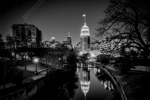 San Antonio Black and White Photography of The Tower Life Building and San Antonio River The Tower Life Building and San Antonio River -- San Antonio Black and White Photography
