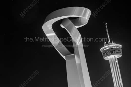 San Antonio Black and White Photography of The Torch of Friendship and Tower of the Americas The Torch of Friendship and Tower of the Americas -- San Antonio Black and White Photography