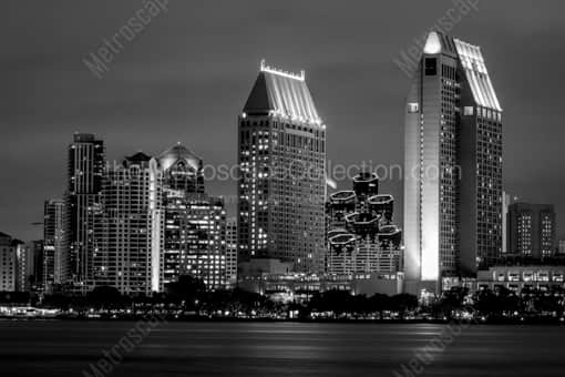 The San Diego Skyline at Night -- San Diego Black and White Photos
