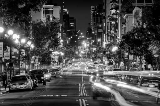 San Diego Black and White Photography of Taxi Cabs on Fifth Street in the Gaslamp Quarter Taxi Cabs on Fifth Street in the Gaslamp Quarter -- San Diego Black and White Photography