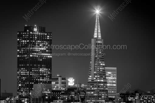 San Francisco Black and White Photography of The Illuminated Beacon atop the Transamerica Pyramid The Illuminated Beacon atop the Transamerica Pyramid -- San Francisco Black and White Photography