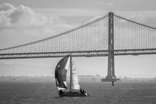 The Bay Bridge and Full Sail Boat -- San Francisco Black and White Photography