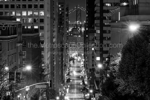 San Francisco Black and White Photography of Looking Down California Street and the Bay Bridge at Night Looking Down California Street and the Bay Bridge at Night -- San Francisco Black and White Photography