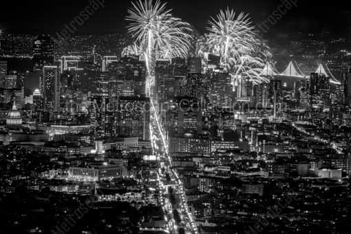 San Francisco Black and White Photography of Fireworks over the San Francisco Skyline at Night Fireworks over the San Francisco Skyline at Night -- San Francisco Black and White Photography