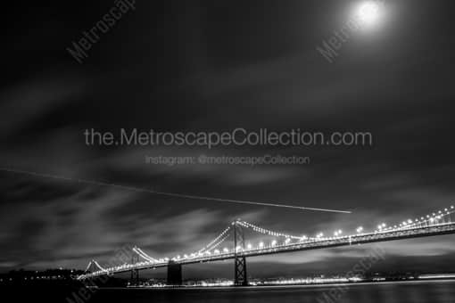 San Francisco Black and White Photography of A Small Jet Approaches OAK Under a Full Moon A Small Jet Approaches OAK Under a Full Moon -- San Francisco Black and White Photography