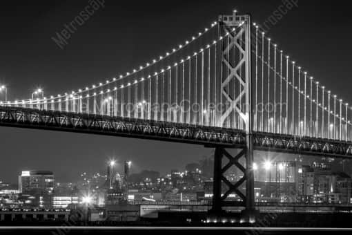 San Francisco Black and White Photography of The LEDs along the Vertical Support Cables of the Bay Bridge The LEDs along the Vertical Support Cables of the Bay Bridge -- San Francisco Black and White Photography