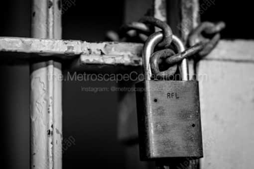 San Francisco Black and White Photography of A Chain and Lock on a Cell Door at Alcatraz A Chain and Lock on a Cell Door at Alcatraz -- San Francisco Black and White Photography