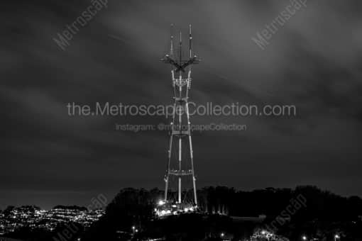 Sutro Tower from Twin Peaks at Night -- San Francisco Black and White Photography