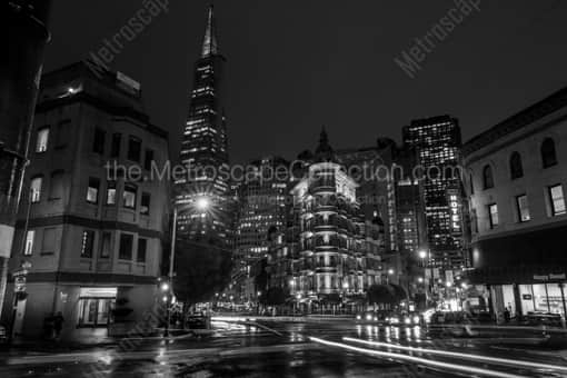 Kearny at Columbus Ave at Night -- San Francisco Black and White Photography