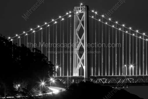 The Bay Bridge Lights at Night -- San Francisco Black and White Photography