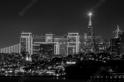 San Francisco Black and White Photography of The San Francisco Skyline at Night from the GGB Vista Point The San Francisco Skyline at Night from the GGB Vista Point -- San Francisco Black and White Photography