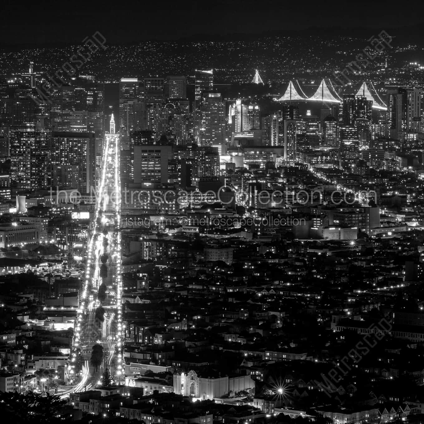 Market Street from Twin Peaks landscape black and white Photography square crop
