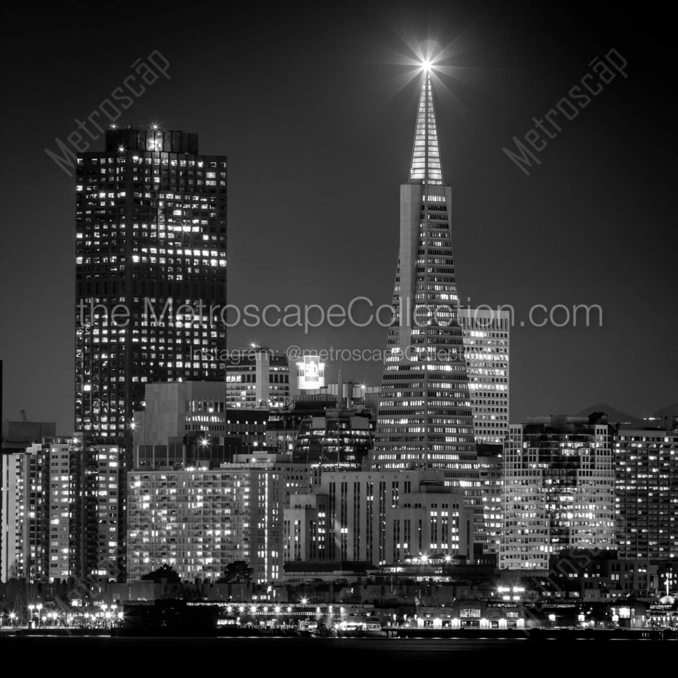 The Illuminated Beacon atop the Transamerica Pyramid landscape black and white Photography square crop