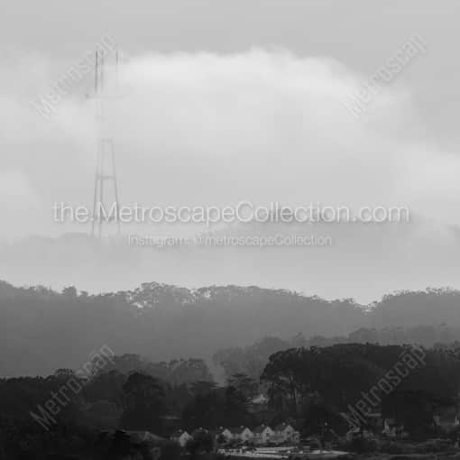 Matte Black WOOD Framed Black and White San Francisco Photograph: Sutro Tower Enveloped in Fog in a Square Matte Black Wood Frame