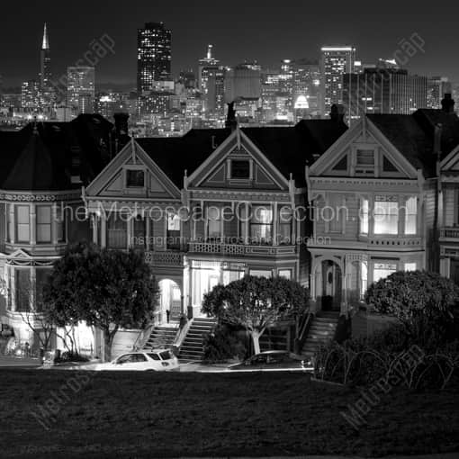 Matte Black WOOD Framed Black and White San Francisco Photograph: The Painted Ladies at Night in a Square Matte Black Wood Frame