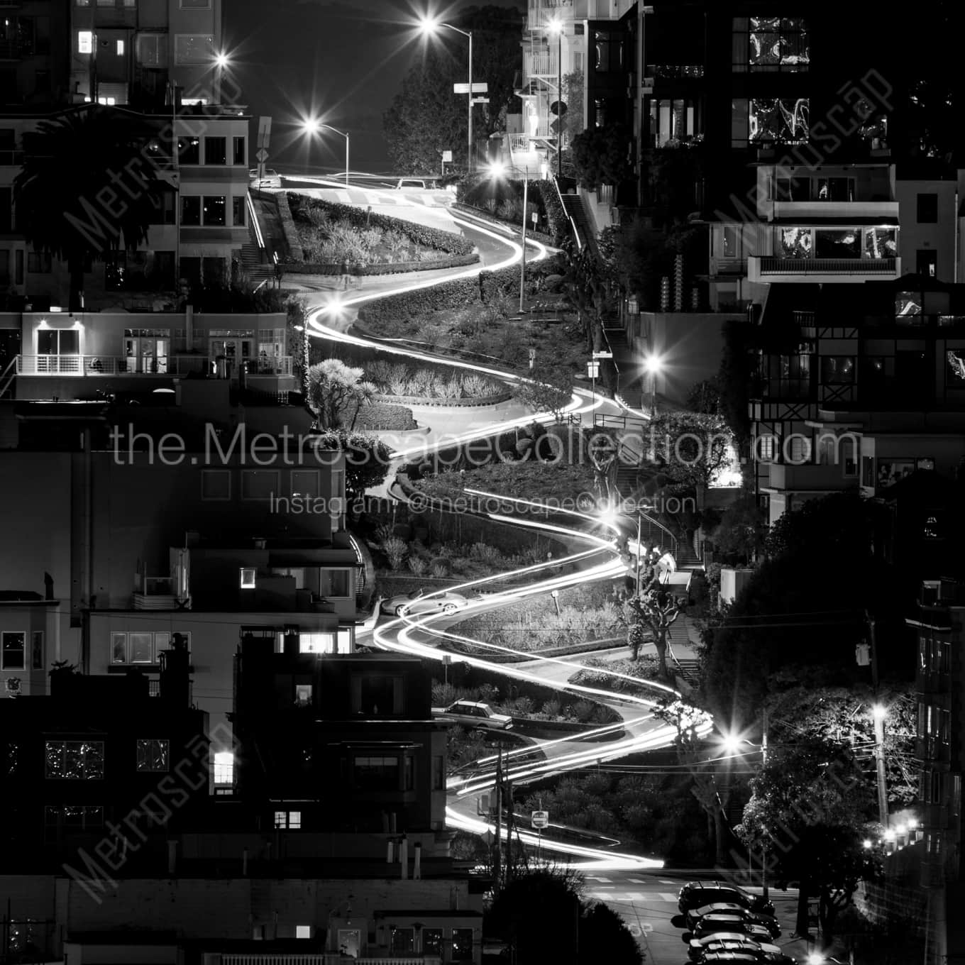 Lombard Street at Night landscape black and white Photography Lombard Street at Night landscape black and white Photography square crop