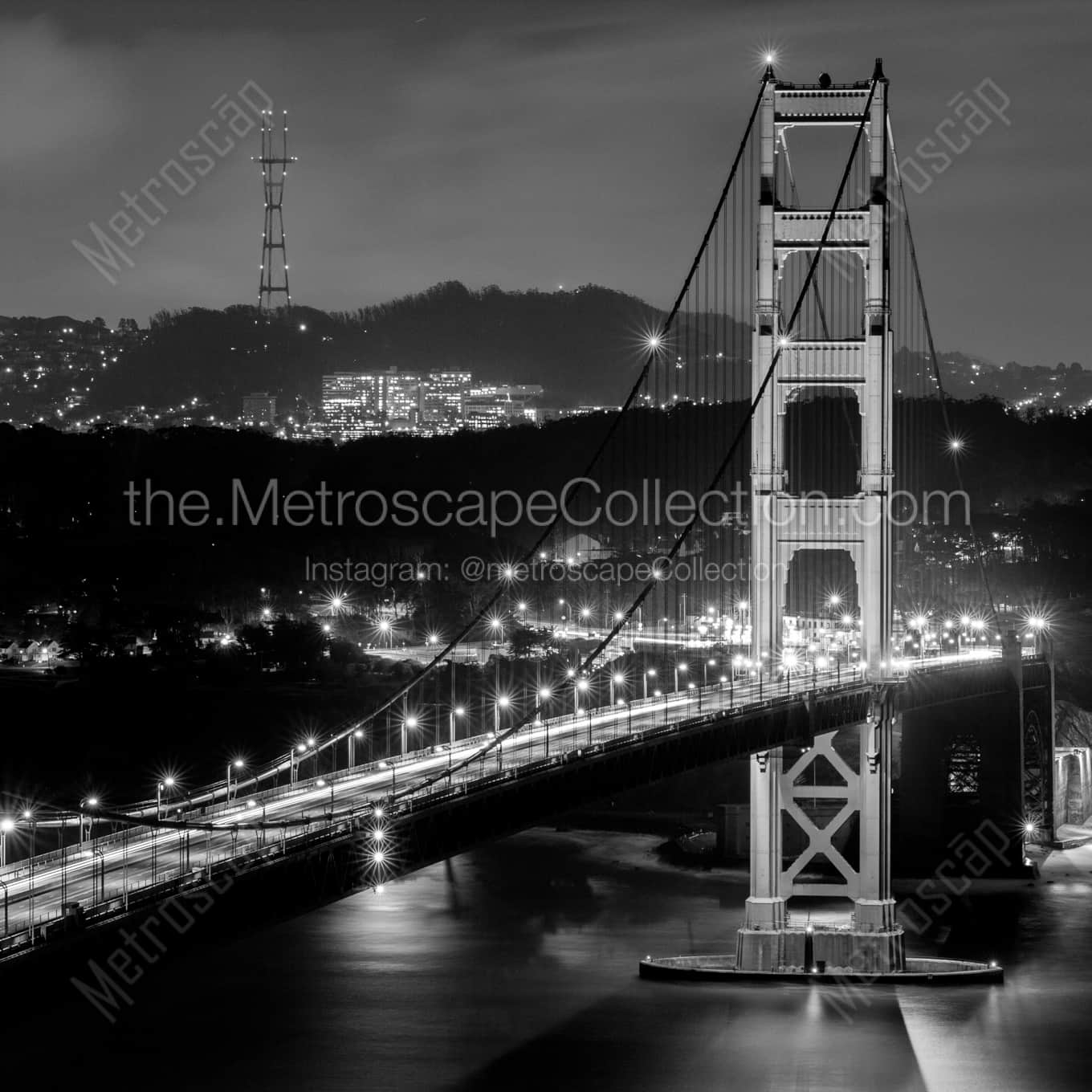 The Golden Gate Bridge and Presidio at Night landscape black and white Photography The Golden Gate Bridge and Presidio at Night landscape black and white Photography square crop