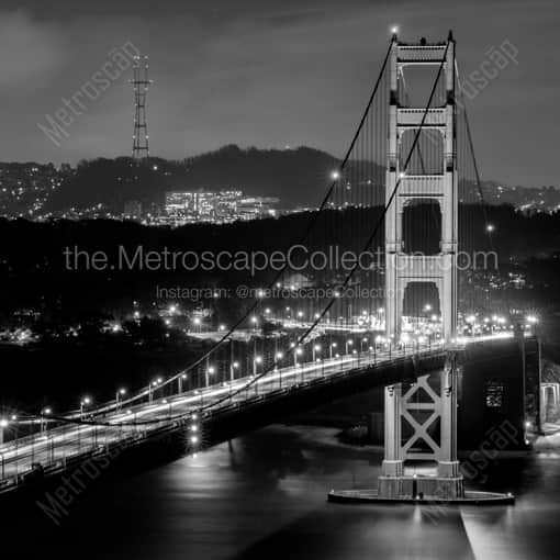 Matte Black WOOD Framed Black and White San Francisco Photograph: The Golden Gate Bridge and Presidio at Night in a Square Matte Black Wood Frame