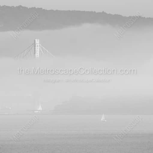 Matte Black WOOD Framed Black and White San Francisco Photograph: A Small Sailboat under Fog on the San Francisco Bay in a Square Matte Black Wood Frame