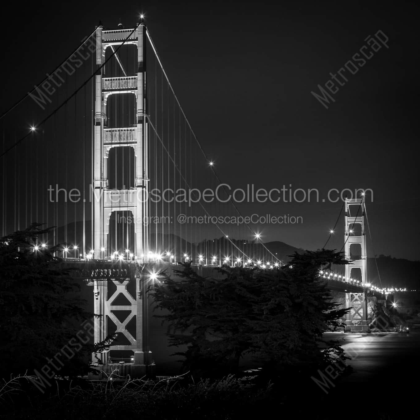 The Golden Gate Bridge over San Francisco Bay at Night landscape black and white Photography square crop