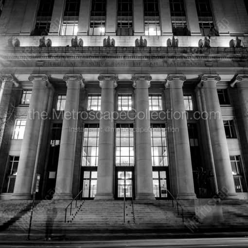 Matte Black WOOD Framed Black and White San Francisco Photograph: The San Francisco Federal Reserve Building at Night in a Square Matte Black Wood Frame