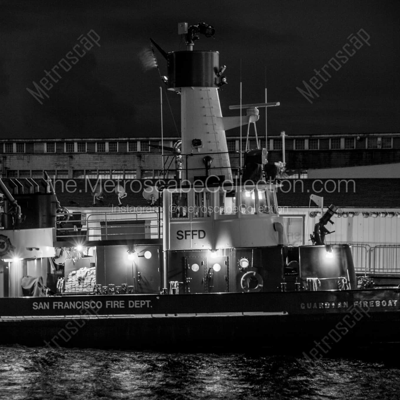 An SFFD Fire Boat landscape black and white Photography square crop
