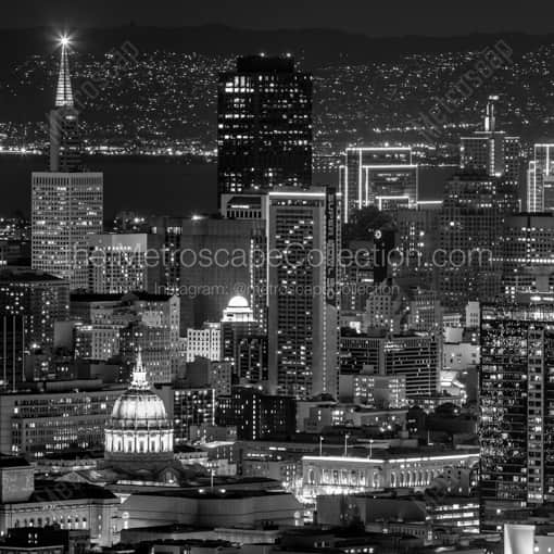 Matte Black WOOD Framed Black and White San Francisco Photograph: Downtown San Francisco at Night in a Square Matte Black Wood Frame