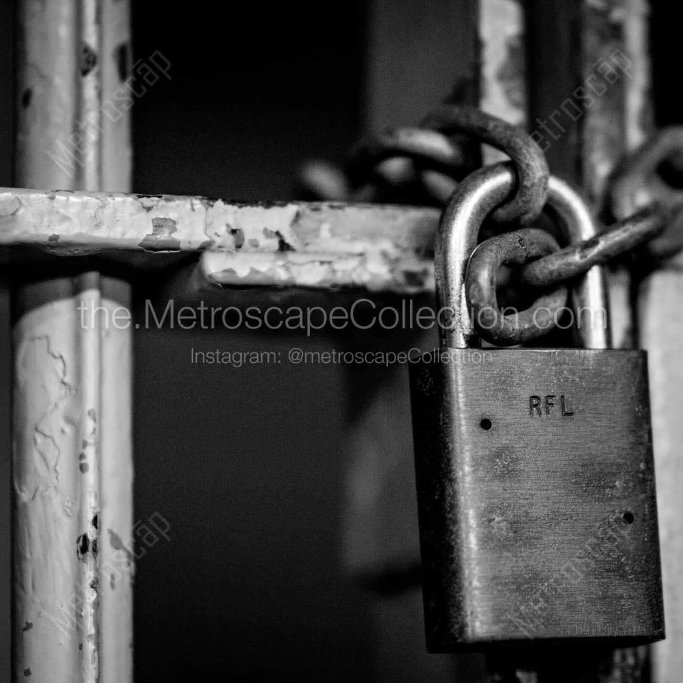 A Chain and Lock on a Cell Door at Alcatraz landscape black and white Photography A Chain and Lock on a Cell Door at Alcatraz landscape black and white Photography square crop