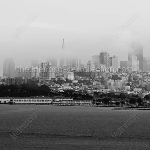 Matte Black WOOD Framed Black and White San Francisco Photograph: Downtown San Francisco Under Afternoon Fog in a Square Matte Black Wood Frame