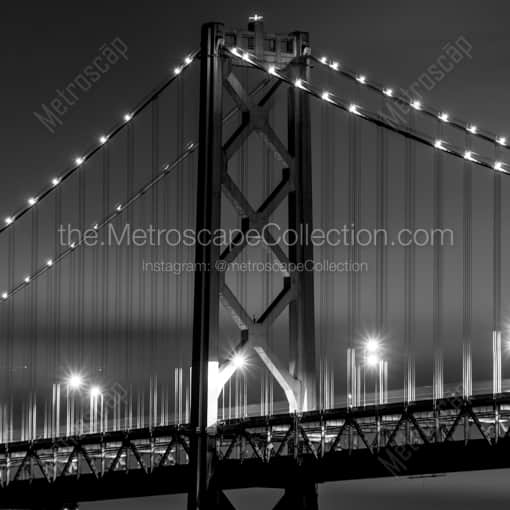 Matte Black WOOD Framed Black and White San Francisco Photograph: The SF Bay Bridge at Night in a Square Matte Black Wood Frame