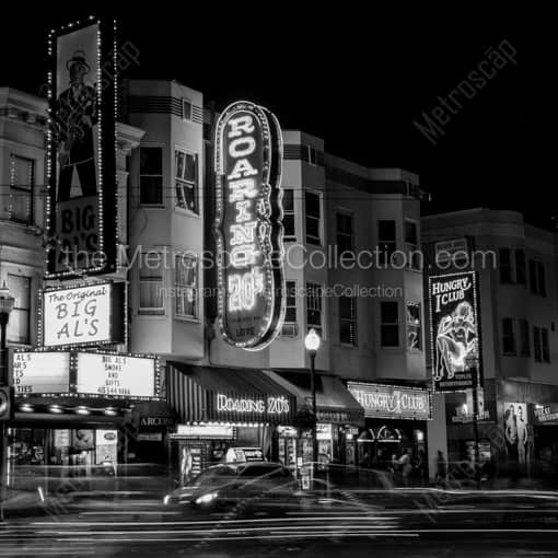 Matte Black WOOD Framed Black and White San Francisco Photograph: Big Als and Roaring 20s Neon Signs in a Square Matte Black Wood Frame
