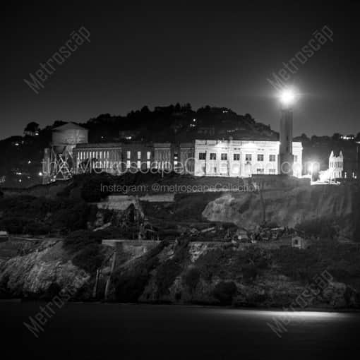 Matte Black WOOD Framed Black and White San Francisco Photograph: Alcaraz Island at Night in a Square Matte Black Wood Frame