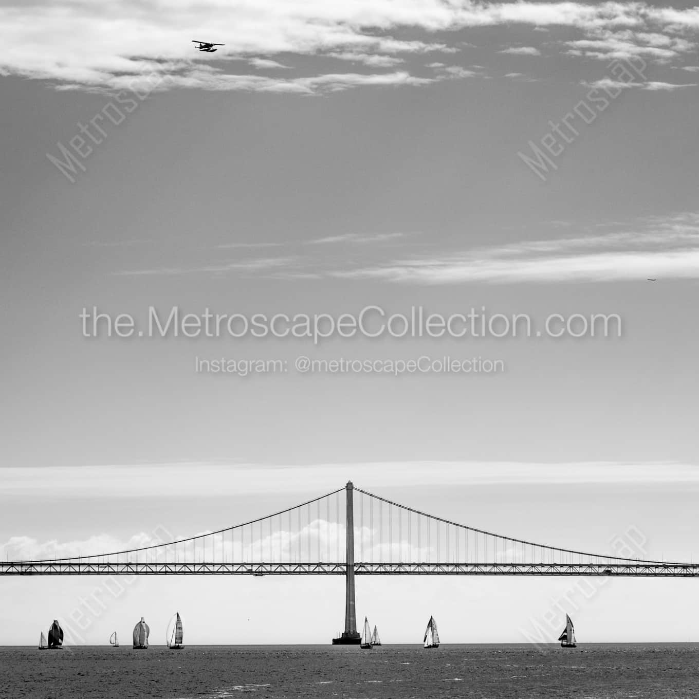 A Seaplane Flys above the San Francisco Bay Bridge landscape black and white Photography square crop