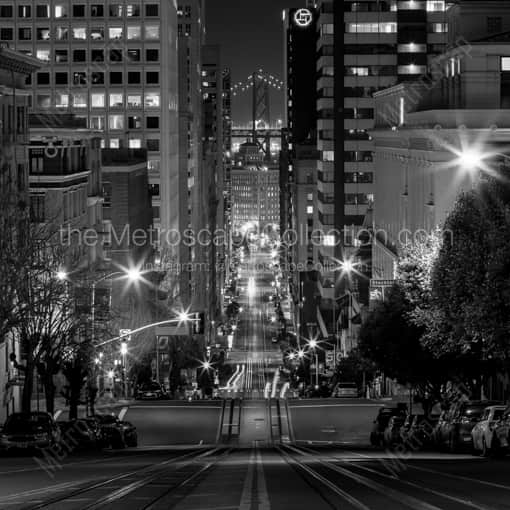 Matte Black WOOD Framed Black and White San Francisco Photograph: The view from California and Powell at Night in a Square Matte Black Wood Frame