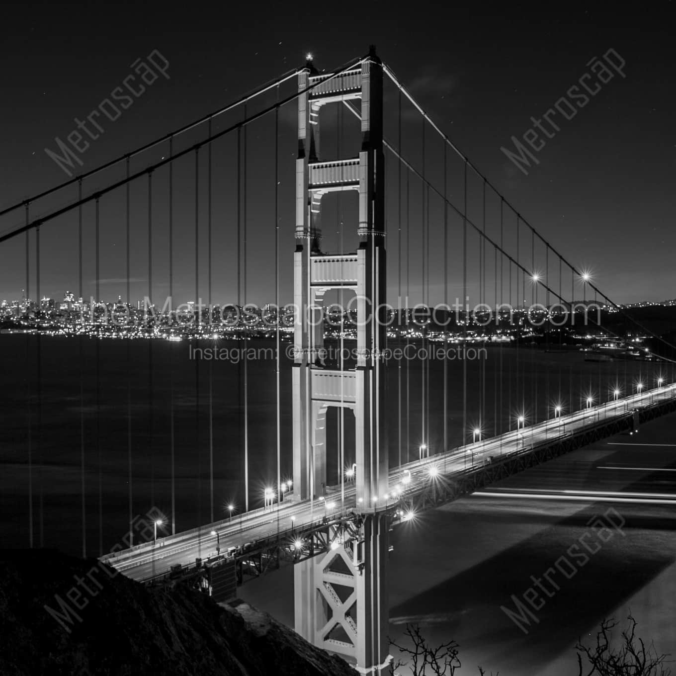 The Golden Gate Bridge at Night from Battery Spencer landscape black and white Photography square crop