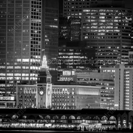 Matte Black WOOD Framed Black and White San Francisco Photograph: The Ferry Building at Night in a Square Matte Black Wood Frame