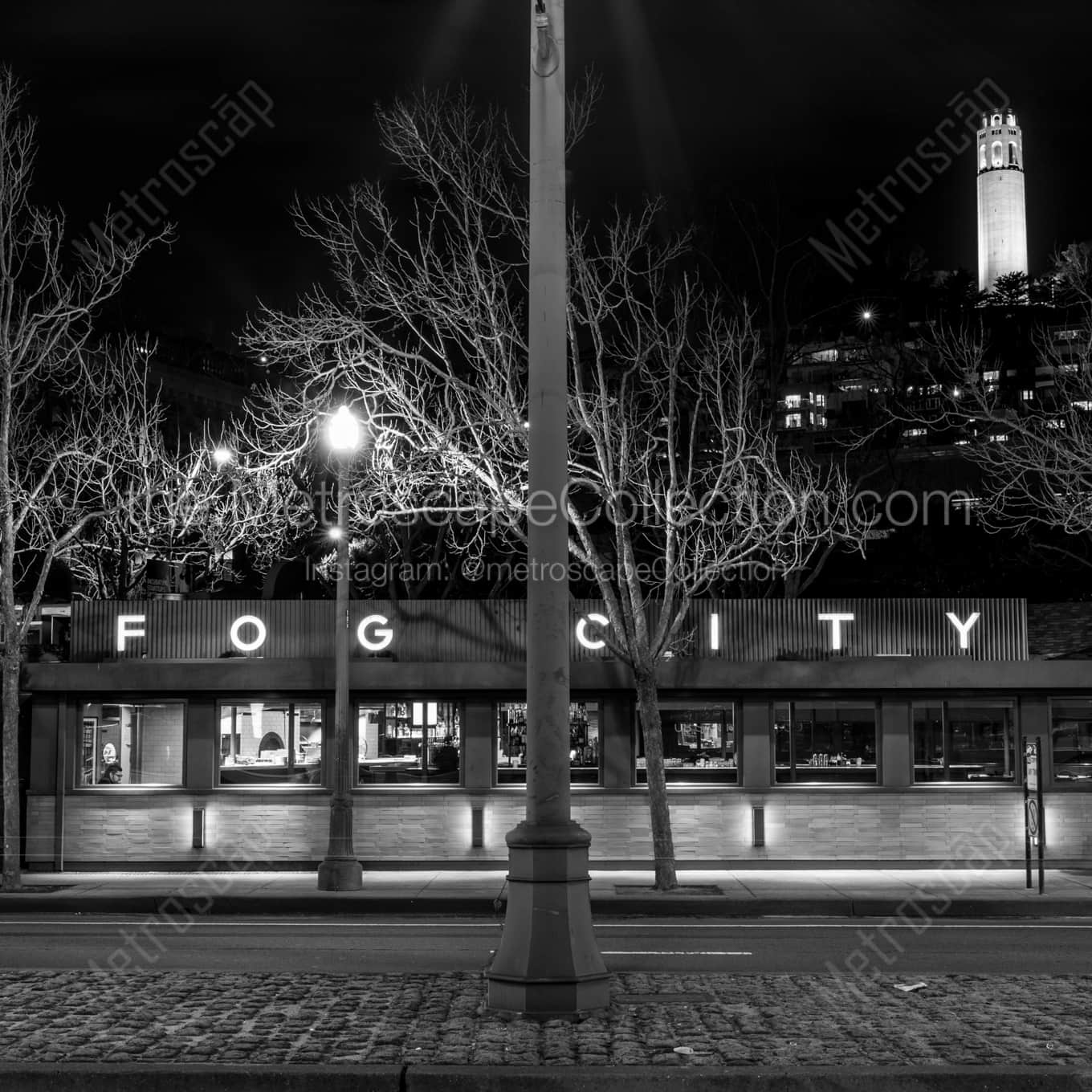The Fog City Cafe under Coit Tower landscape black and white Photography square crop