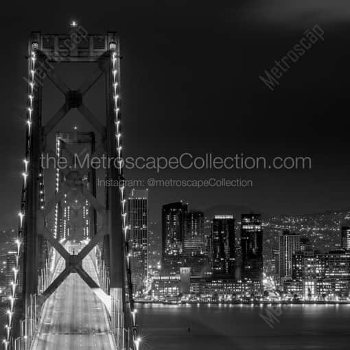 Matte Black WOOD Framed Black and White San Francisco Photograph: The SF Bay Bridge and San Francisco Hills at Night in a Square Matte Black Wood Frame