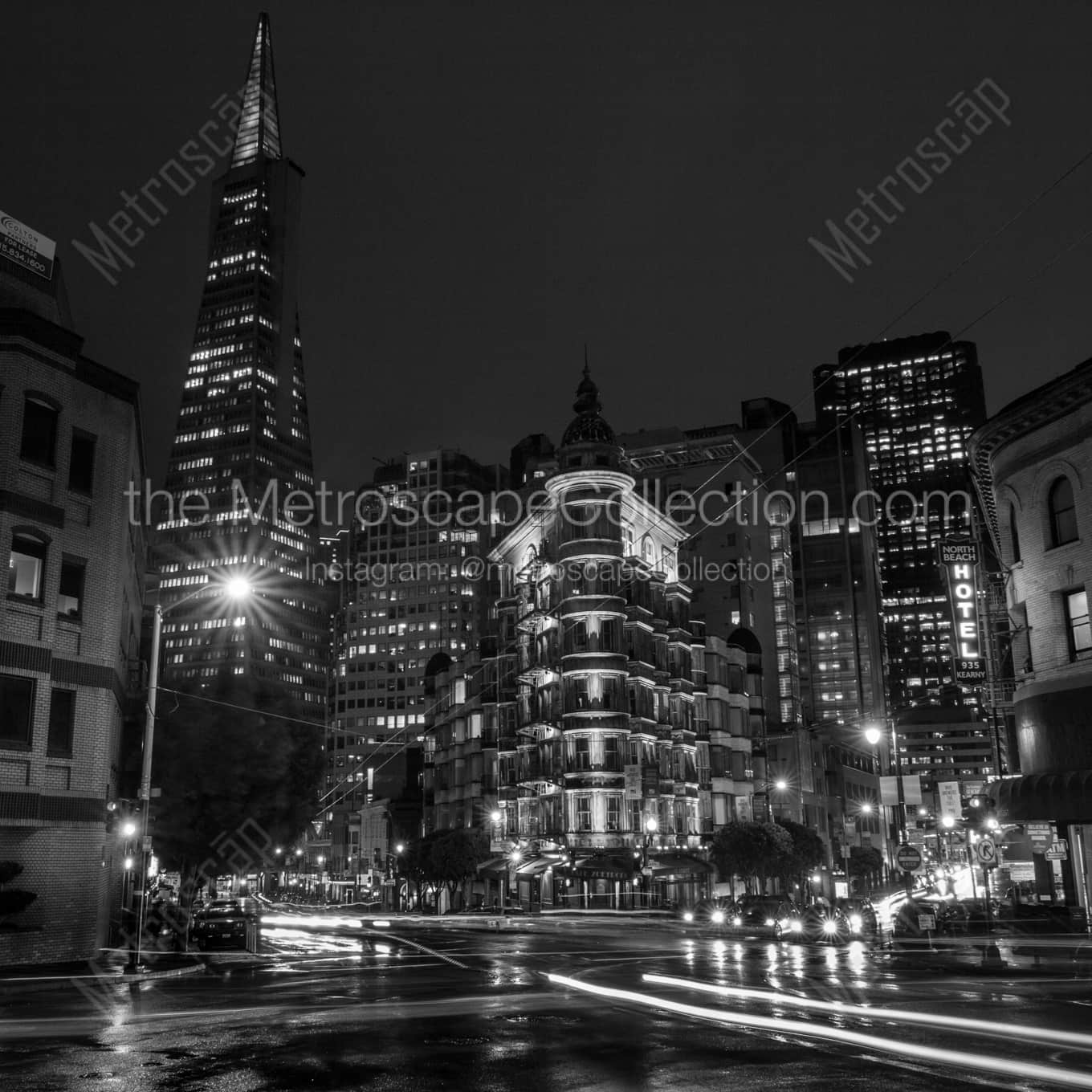 Kearny at Columbus Ave at Night landscape black and white Photography square crop