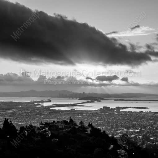 Matte Black WOOD Framed Black and White San Francisco Photograph: San Francisco and Oakland from Grizzly Peak Boulevard in a Square Matte Black Wood Frame
