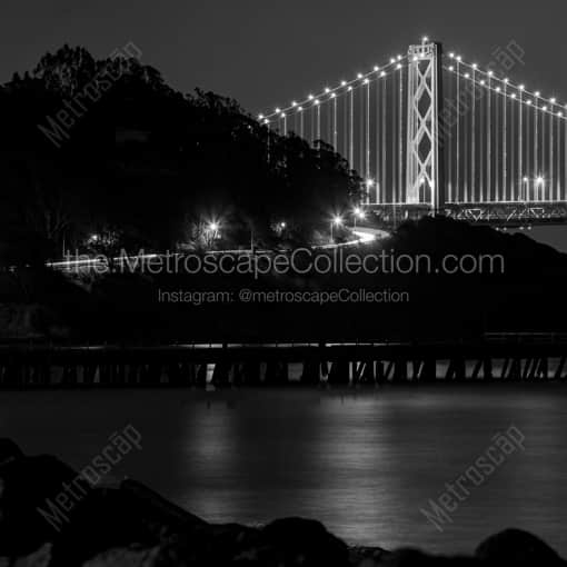 Matte Black WOOD Framed Black and White San Francisco Photograph: Treasure Island at Night in a Square Matte Black Wood Frame