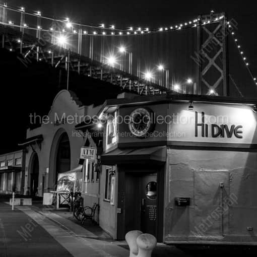Matte Black WOOD Framed Black and White San Francisco Photograph: The Hi Dive Bar along the Embarcadero under the Bay Bridge in a Square Matte Black Wood Frame