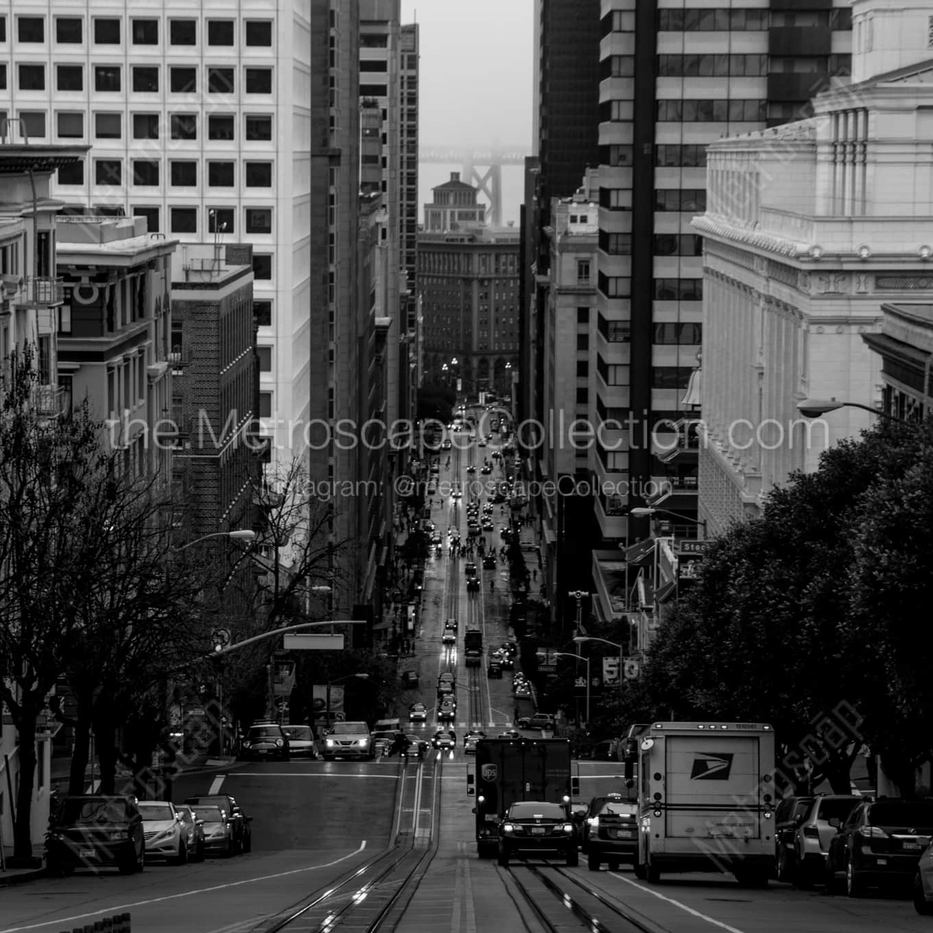 A US Mail Truck on California Street in Downtown San Francisco landscape black and white Photography A US Mail Truck on California Street in Downtown San Francisco landscape black and white Photography square crop